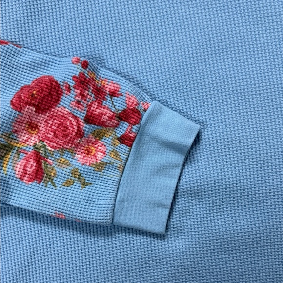 Belle by Kim Gravel Light Blue Waffle Top with Floral Sleeves - Picture 7 of 9